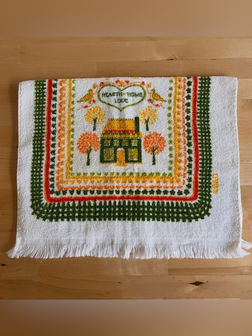 Vtg 70s Cannon Kitchen Hand Towel Hearth Home Love Fringe Terry Cloth Orange MCM